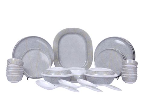 33 Pcs Melamine Donna Glossy Gray Crackle Dinner Set | Designer Indian ...