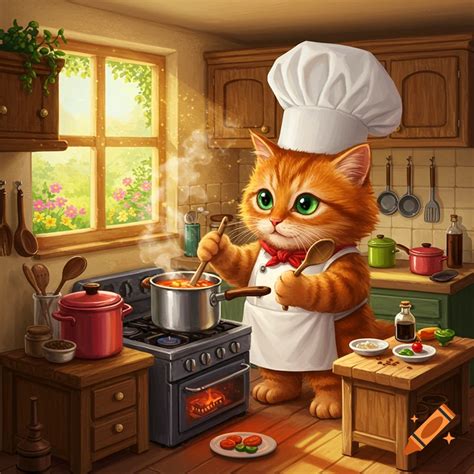 An orange tabby cat wearing a chef hat and apron stirs a pot on a stove ...