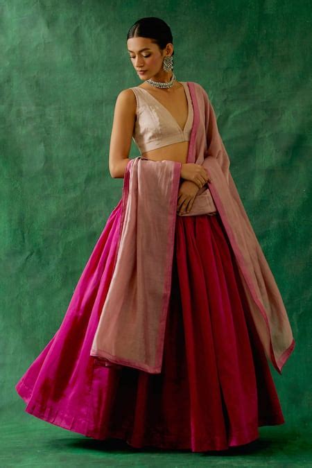 Buy Pink Handloom Cotton, Chanderi Zari V-neck Handwoven Gathered ...