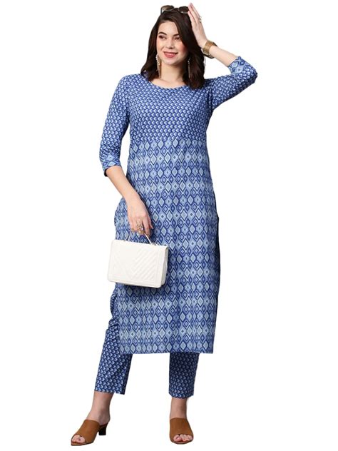 Buy GoSriKi Women's Cotton Blend Traditional Straight Printed Kurta ...