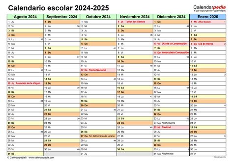 Calendario escolar 2024-2025 en PDF, Excel y Word