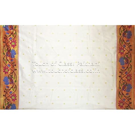 Peacock Flowering Vine Paithani Brocade Saree, Fresh White