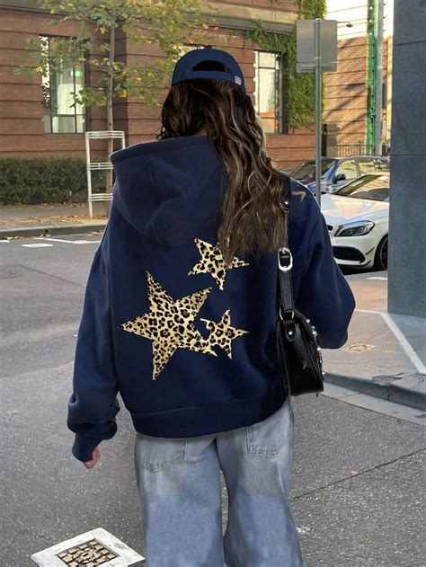 Women's Leopard Print With Star Hoodies, Casual Everyday Wear | Hoodie ...