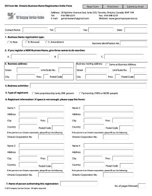 Ontario Business Name Registration Order Form - Sole Or Partnership ...