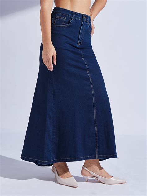 Women's Dark Blue Flared High-Rise Clean-Look Stretchable Denim Maxi S