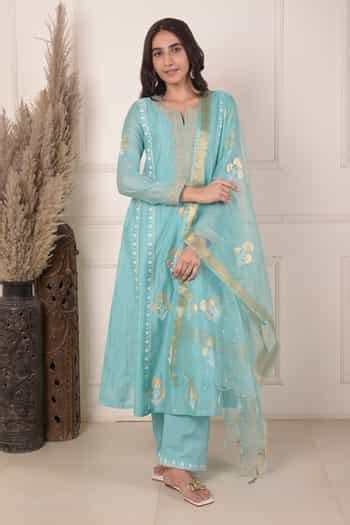 Buy Blue Chanderi, Organza, Cotton Block Print Anarkali Set With ...