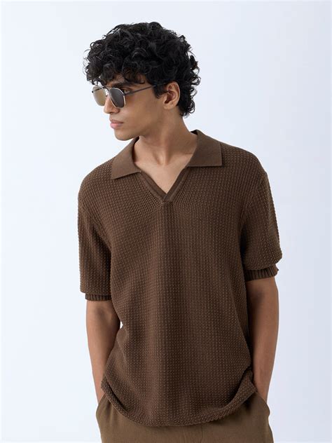 Buy ETA Brown Knit-Textured Relaxed-Fit Polo T-Shirt from Westside