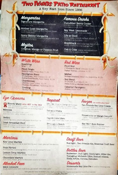 Menu at Two Friends Patio Restaurant, Key West
