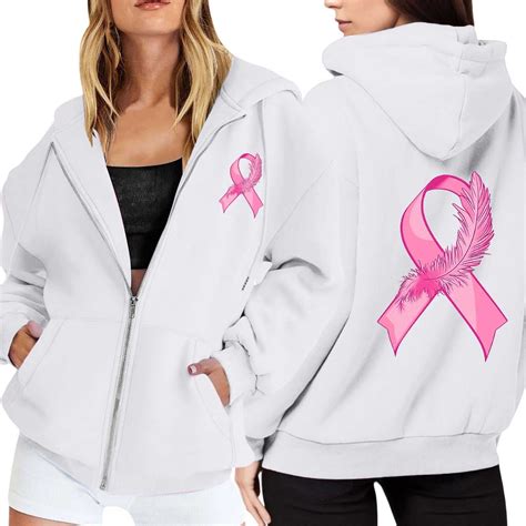 Breast Cancer Awareness Hoodies for Women 2025 Long Sleeve Zip Up Hoodie with Pockets Hooded ...