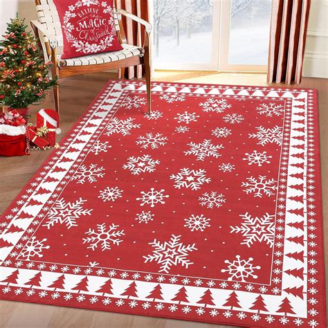 RONIPIC Festive Christmas Area Rug, Snowflake & Christmas Tree Design ...