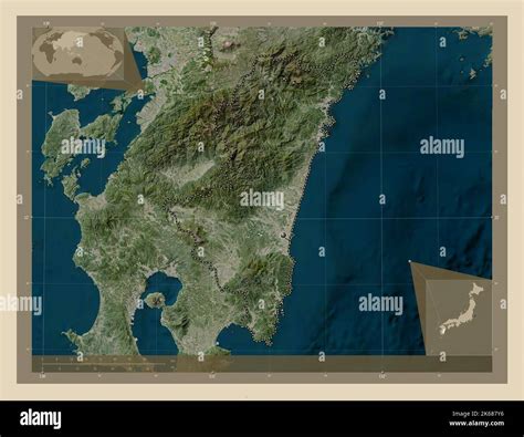 Miyazaki, prefecture of Japan. High resolution satellite map. Corner auxiliary location maps ...
