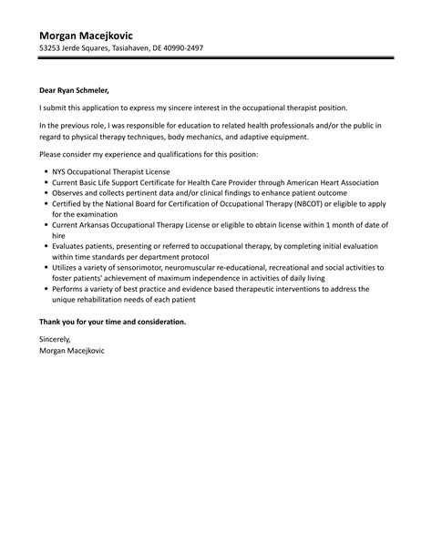 Occupational Therapy Cover Letter School Of Occupational Therapy