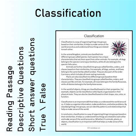 Classification | Reading Comprehension Passage Printable Worksheet ...