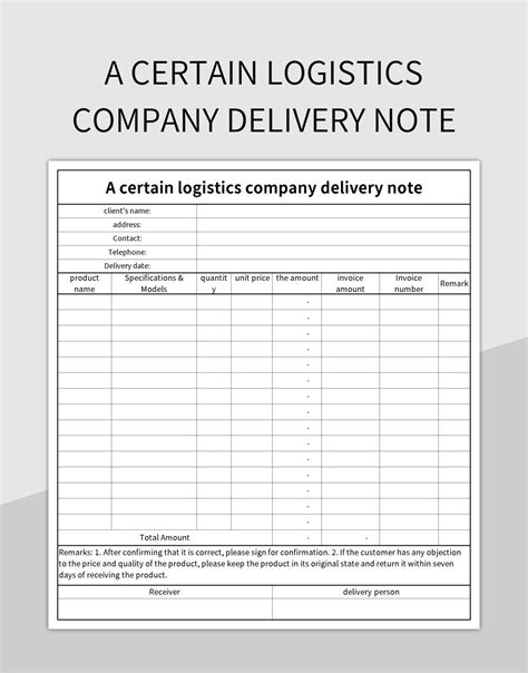 A Certain Logistics Company Delivery Note Excel Template And Google ...