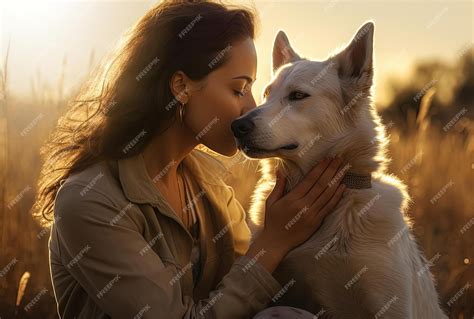 A young woman kissing a dog in a field in the style of light gray and ...