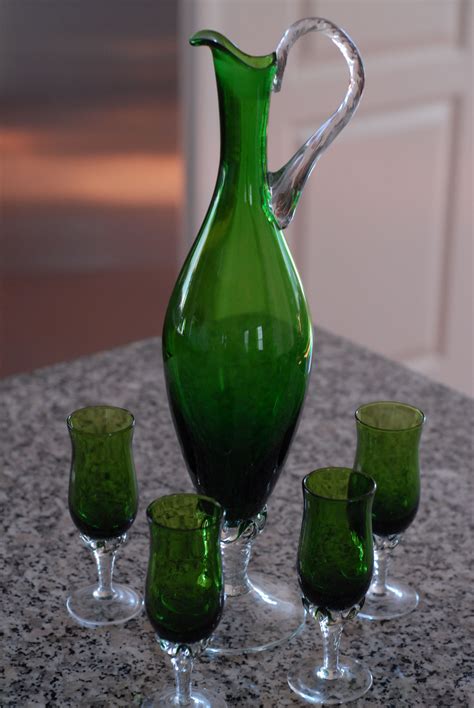 Vintage 1960's Alcohol Decanter and glass set...Beautiful Green Glass ...