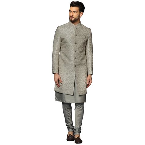 KISAH Men's Grey Indo-Western Kurta Sherwani Churidar Set (Set of 3 ...