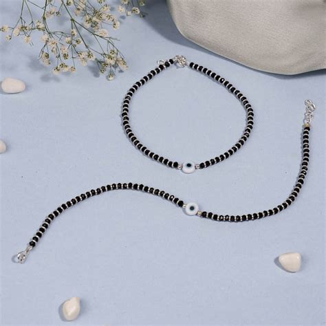 Evil Eye and Blue Beads Silver Double Line Anklets for Women – Prinjal ...