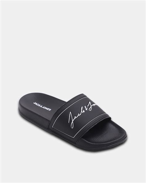 Black Cursive Logo Print Sliders