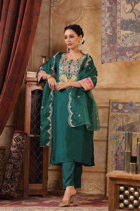 Shop Dark Green Dupion Silk Dori Work Suit Set- Elegant Ethnic Wear ...