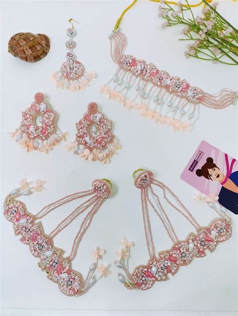 Yellow-Pink Bridal Haldi-Mehndi Jewellery Set | Handmade Floral Pearl ...