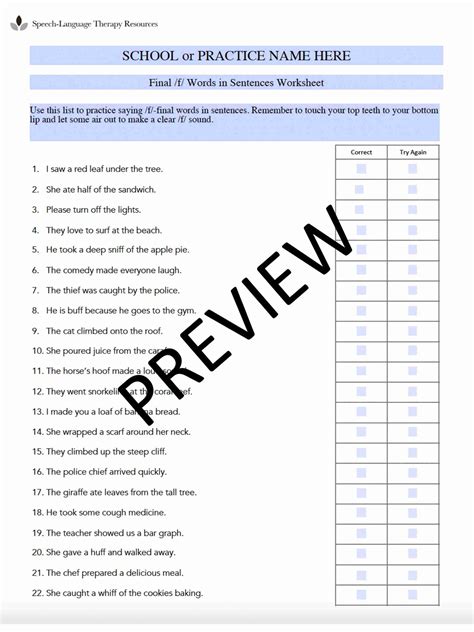 Final /F/ Words in Sentences Worksheet for Speech Therapy (Editable ...