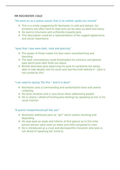 Jane Eyre quotations and analysis for Mr Rochester - English - Stuvia UK