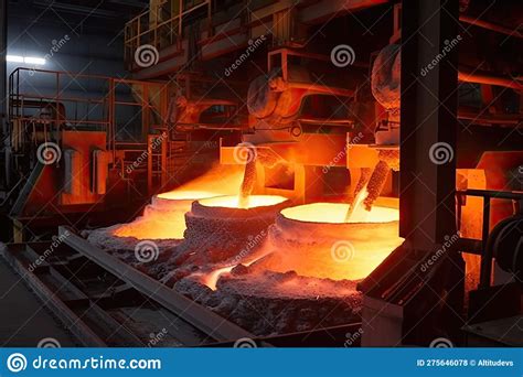 Aluminium Smelting Process, with Molten Metal Flowing from Furnace ...