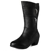 Women's Black Faux Leather Mid-Calf Boots with Side Zipper and Low ...