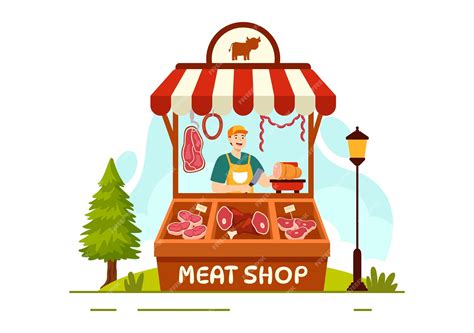 Tienda de carne o mercado ilustración con diversos productos cárnicos frescos y salchichas de ...