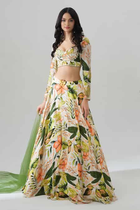 Buy Multi Color Crepe Embroidery Round Neck Tropical Sheer Green ...