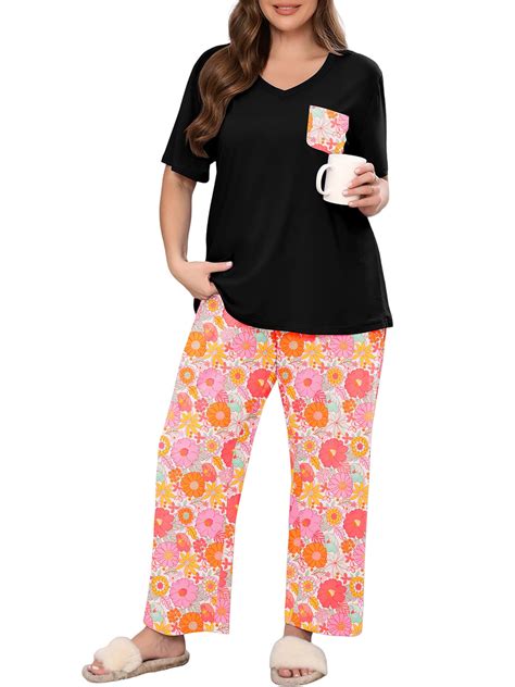 SHOWMALL Women's Plus Size Pajama Set Summer Blossom Celebration 1X 2 ...
