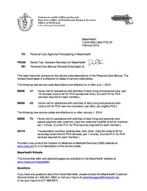 Fillable Online MassHealth Transmittal Letter PCA-20 February 2016 TO ...