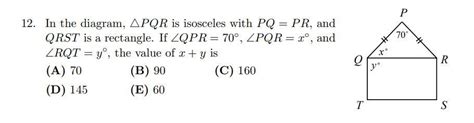 In the diagram, 4P QR is isosceles with P Q = P R, and QRST is a ...
