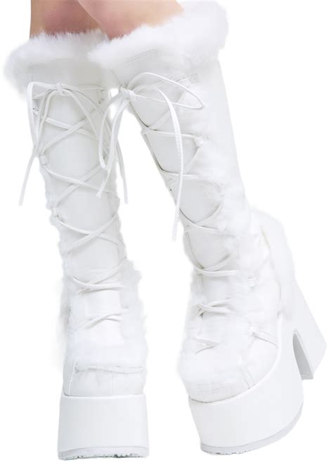 Demonia Camel-311 Faux Fur Knee High Platform Boots - White | Chunky ...