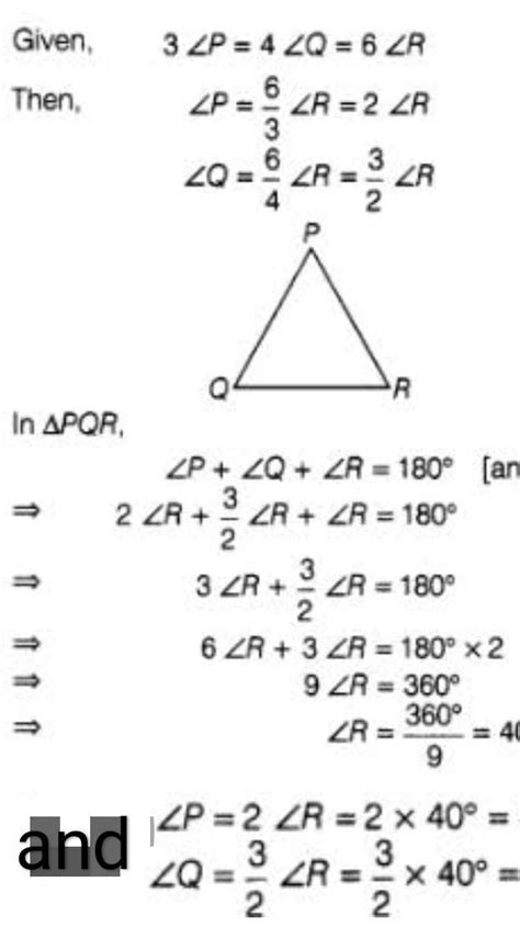 In triangle PQR, if angle P is 3 =angle Q is 4=angle R is 6 calculate ...