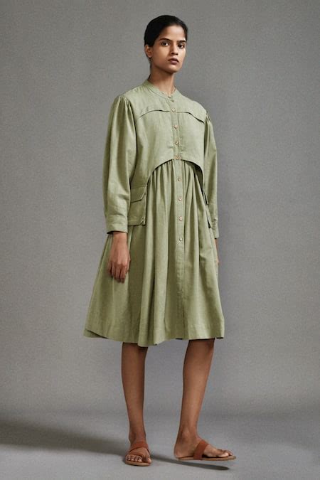 Buy Green Cotton Plain Chinese Collar Button Down Midi Dress For Women ...