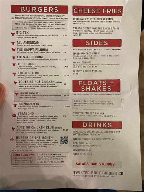 Menu at Twisted Root Burger Co. restaurant, Waco