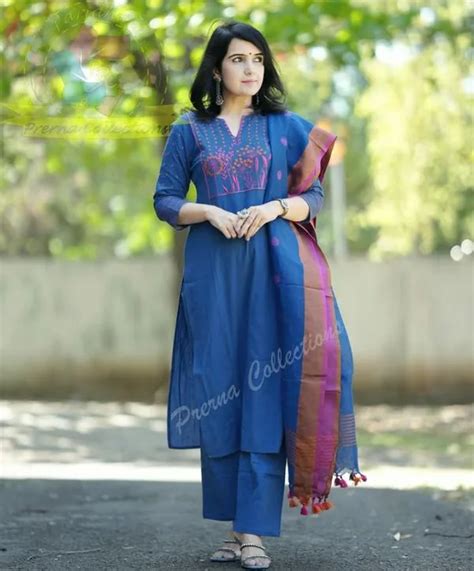 MUDRA FASHION Blue Cotton Embroidered Kurta With Pant & Linen Dupatta ...