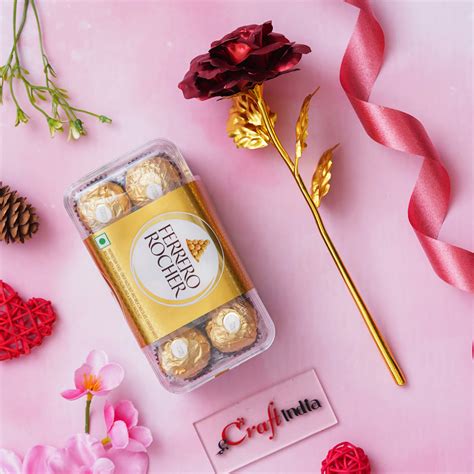 Golden Red Rose Valentine's Gift & Ferrero Rocher Chocolates (8 pcs ...