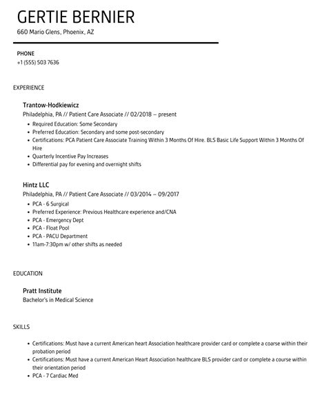 Patient Care Associate Resume Samples | Velvet Jobs