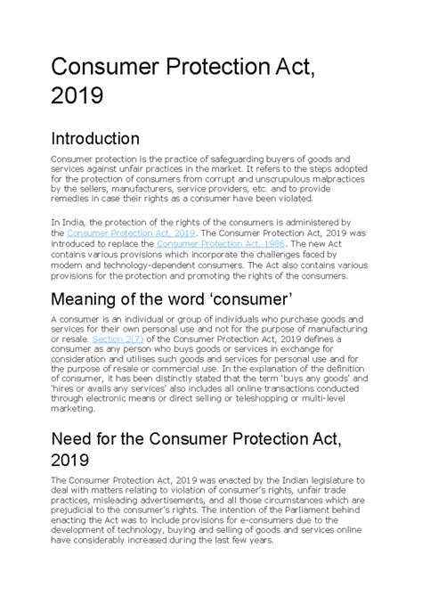 Consumer Protection Act, 2019: Key Features and Implications - Studocu