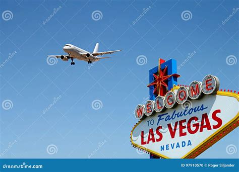 Welcome To Fabulous Las Vegas Sign with Arriving Airplane Stock Photo ...
