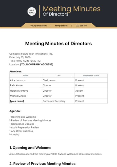 Board Of Directors Meeting Minutes Template - Ablebionics