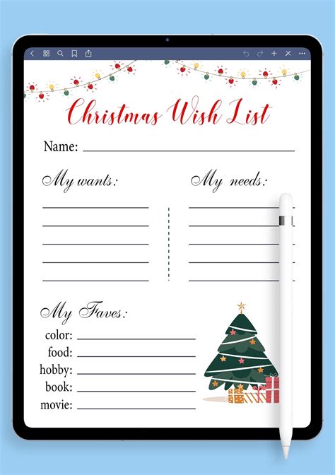 Download Printable White Christmas Wish List Template PDF