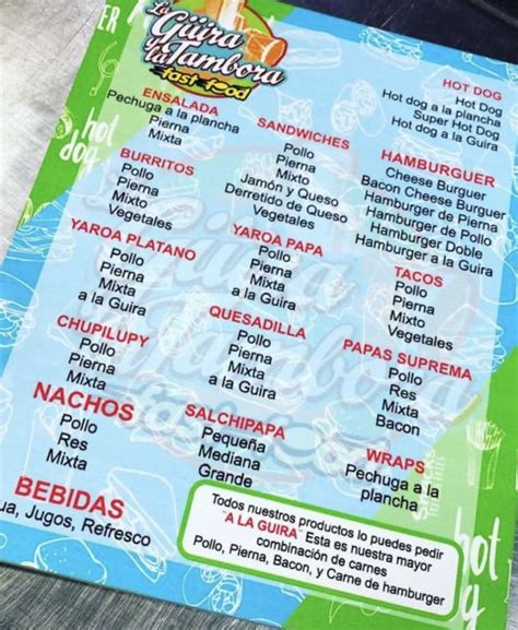 Carta del restaurante La Güira y la Tambora, Moca