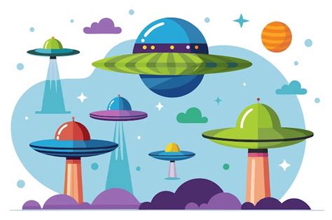 A cartoon illustration of six ufos in outer space | Premium AI ...