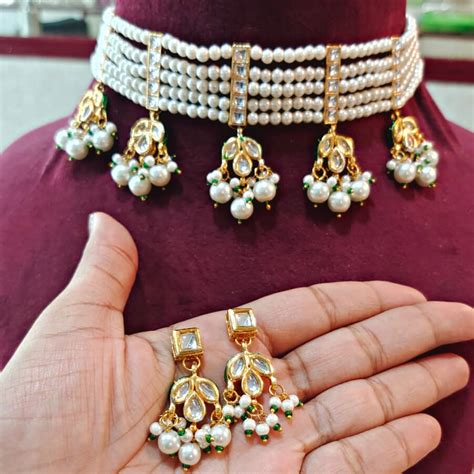 Buy Kundan & Pearl Choker Necklace Set – Jain Jewels Official