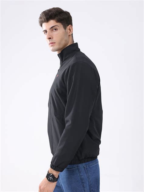 Buy Men Black Solid Stand Collar Full Sleeve Jacket Online in India ...