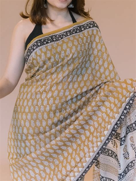 Yellow Butti Bagru Hand Block Print Modal Saree – THE INDIAN ETHNIC CO.